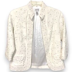 Chicos Ivory Beaded Short Jacket-Size 2/Large-Embroidered-Pockets-Satin Lined
